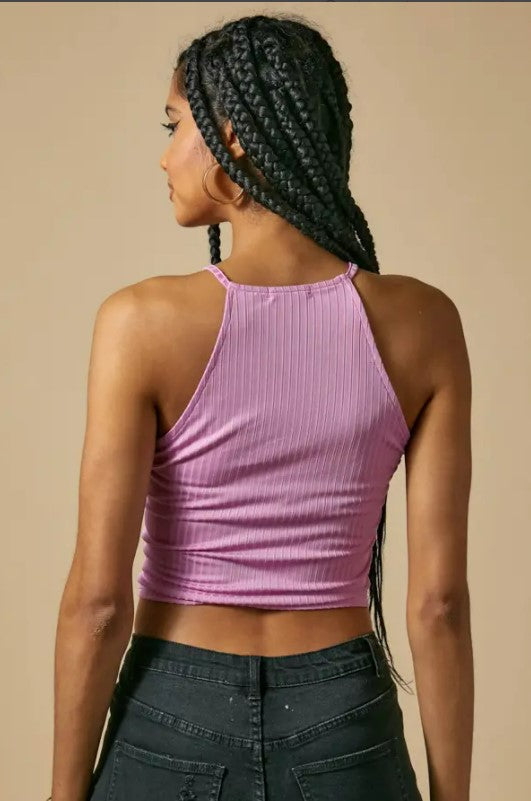 PINK KNIT HIGH NECK SLEEVELESS RIBBED CROP TANK TOP-Sissy Boutique-Sissy Boutique