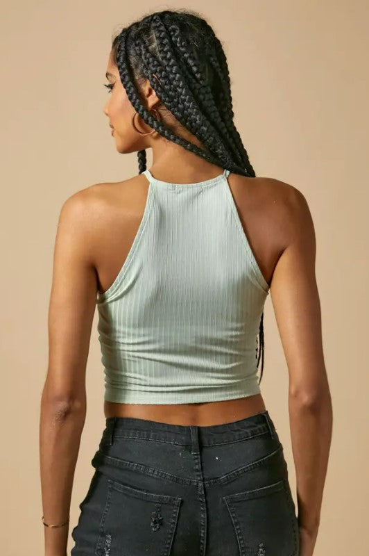 Sage Knit High Neck Sleeveless Ribbed Crop Tank Top Sissy Boutique