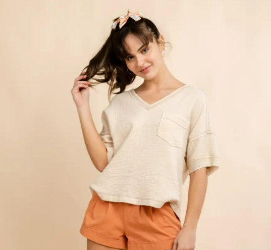 Taupe Woven Short Sleeved V-Neck Neck Top with Front Pocket Sissy Boutique