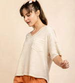 Taupe Woven Short Sleeved V-Neck Neck Top with Front Pocket Sissy Boutique