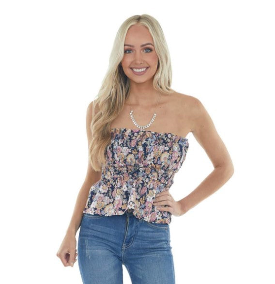 NAVY FLORAL PRINT RUFFLED STRAPLESS TOP-Entro-Sissy Boutique