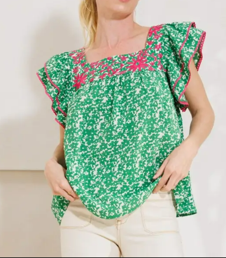 GREEN FLORAL EMBROIDERED BLOUSE-Sissy Boutique-Sissy Boutique