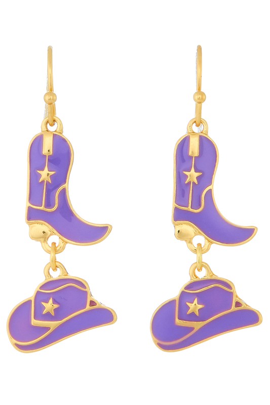 Purple and Gold Enamel Cowboy Boot and Hat Dangle Earrings Sissy Boutique