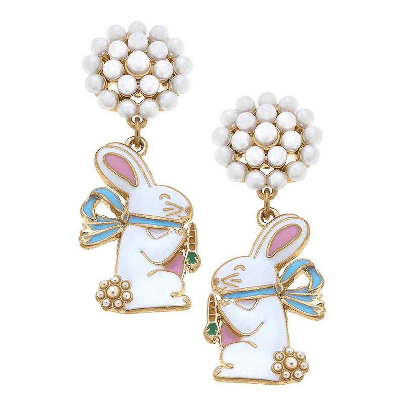 Easter Bow Bunny Enamel Earrings in White Canvas Style