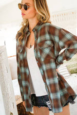 BROWN AND TEAL COLLARED PLAID BUTTON DOWN SHIRT-Vine & Love-Sissy Boutique