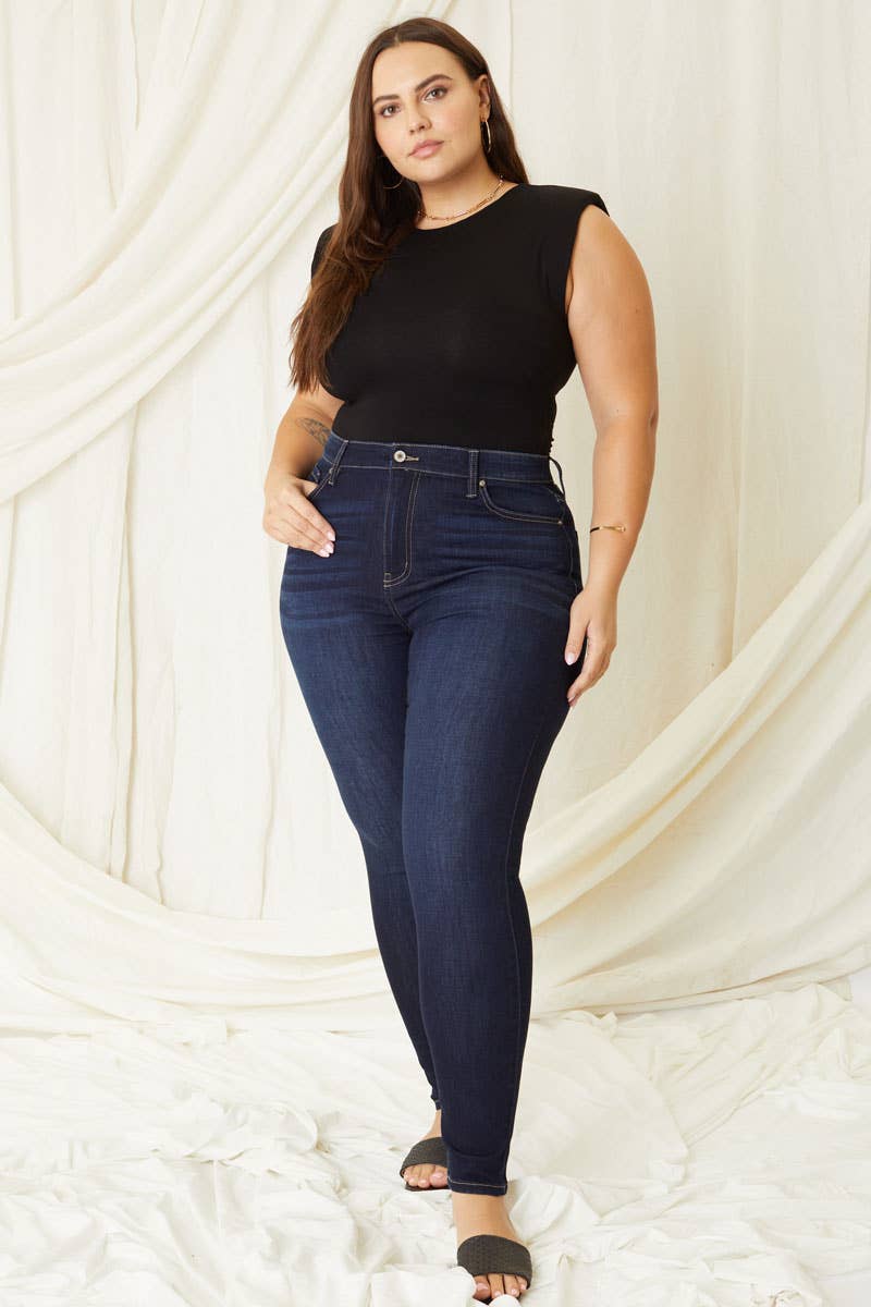 KAN CAN SUPER HIGH RISE PLUS SKINNY DARK DENIM JEANS-Kan Can USA-Sissy Boutique