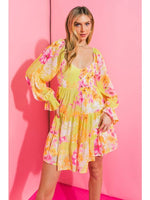 YELLOW AND PINK FLORAL LONG SLEEVE MINI DRESS WITH SWEETHEART NECKLINE AND BACK SMOCKING-FLYING TOMATO-Sissy Boutique