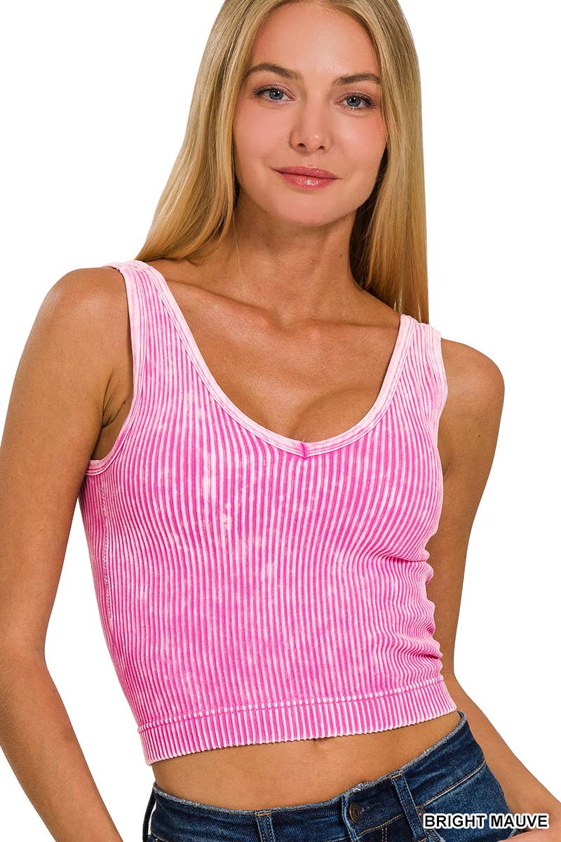 BRIGHT MAUVE WASHED RIB CROP V NECK TANK W/ REMOVABLE BRA-42POPS-Sissy Boutique