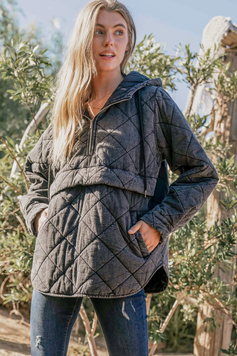 Charcoal Washed Quilting and Padding Halff Zip-up Hoodie Sissy Boutique
