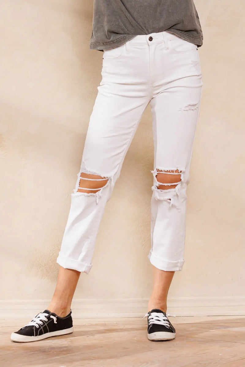 90's Skinny White Jeans with Distressed Knees Sissy Boutique