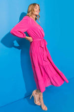 PINK SURPLICE TIERED MIDI DRESS WITH TIE FRONT-FLYING TOMATO-Sissy Boutique