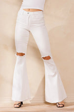 White High Rise Distressed White Flare Jeans with Raw Hem Sneak Peek