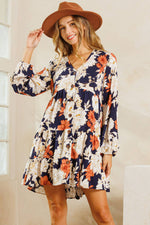 NAVY AND RUST FLORAL V-NECK TIERED DRESS-Ces Femme-Sissy Boutique