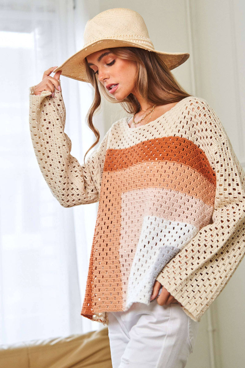 TAUPE AND RUST CROCHETED LONG SLEEVE SWEATER-Davi & Dani-Sissy Boutique