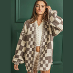 Mocha Brown Checkered Mixed Check Loose Fit Chunky Cardigan Sissy Boutique