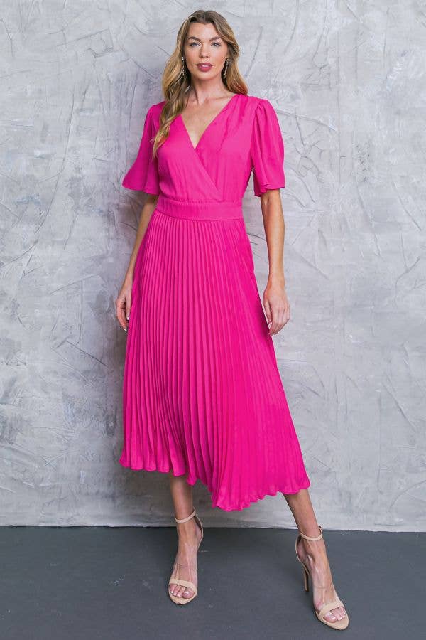 PINK SURPLICE PLEATED MIDI DRESS-FLYING TOMATO-Sissy Boutique