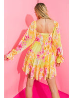 Yellow and Pink Floral Long Sleeve Mini Dress with Sweetheart Neckline and Back Smocking FLYING TOMATO