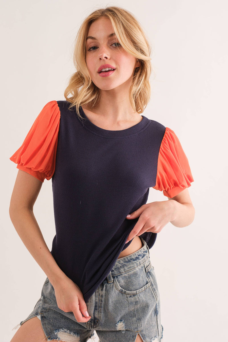 Orange and Navy Game Day Contrast Short Sleeve Top Ces Femme