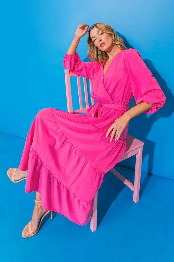 PINK SURPLICE TIERED MIDI DRESS WITH TIE FRONT-FLYING TOMATO-Sissy Boutique