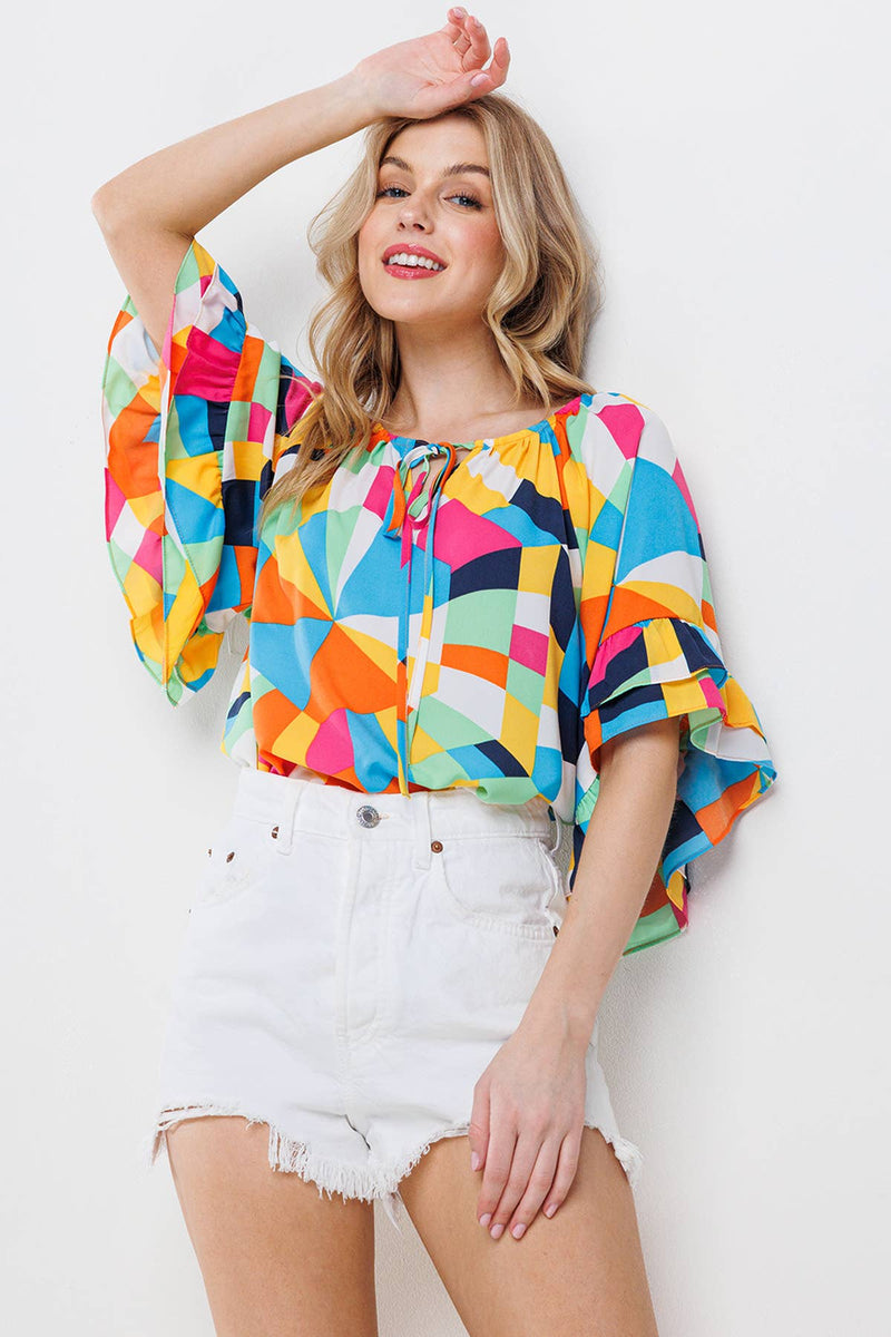 MULTI COLOR DOUBLE RUFFLED SLEEVE BLOUSE TOP-Ces Femme-Sissy Boutique