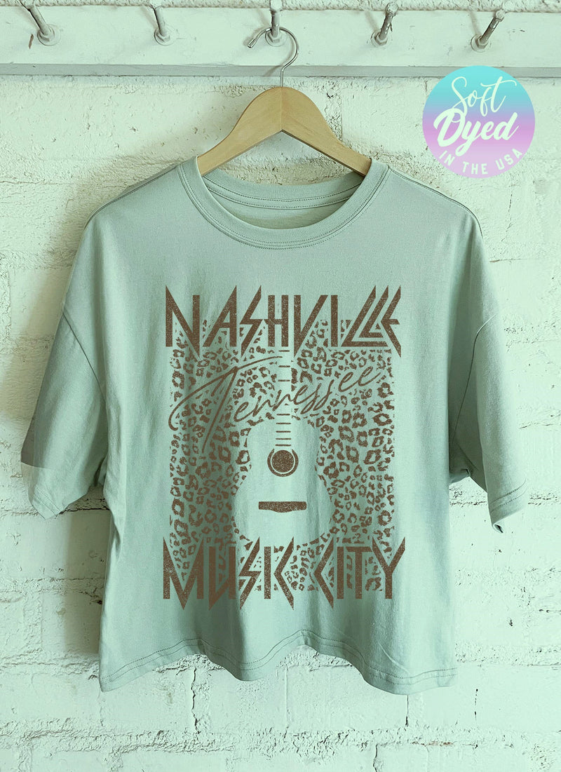 NASHVILLE MUSIC CITY MINT SOFT DYED SLIGHTLY CROPPED GRAPHIC TEE WITH BROWN GRAPHICS-Rustee Clothing-Sissy Boutique