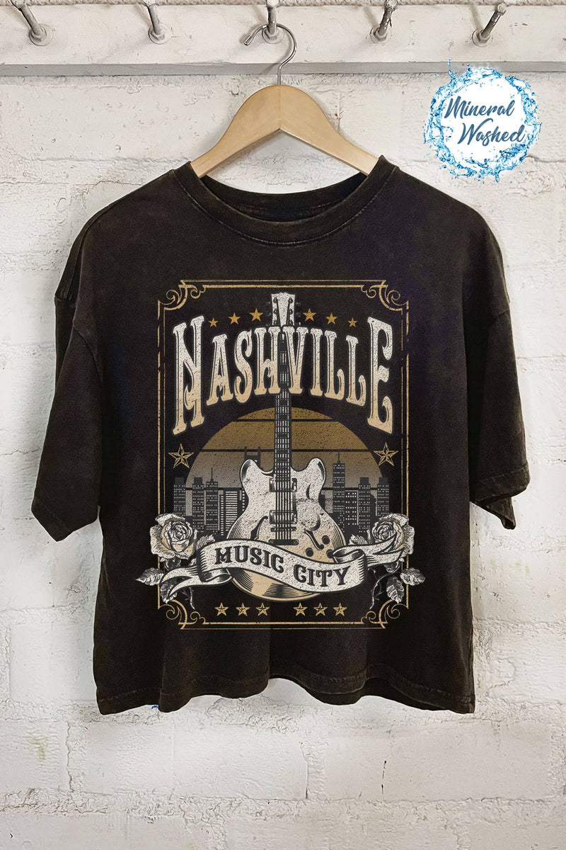 NASHVILLE MUSIC CITY BLACK GRAPHIC MINERAL WASHED CROP TOP-Sissy Boutique-Sissy Boutique