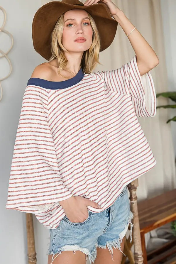 Wide Cream Colored Raglan Sleeve Top with Rust Striped and Navy Boatneck Sissy Boutique