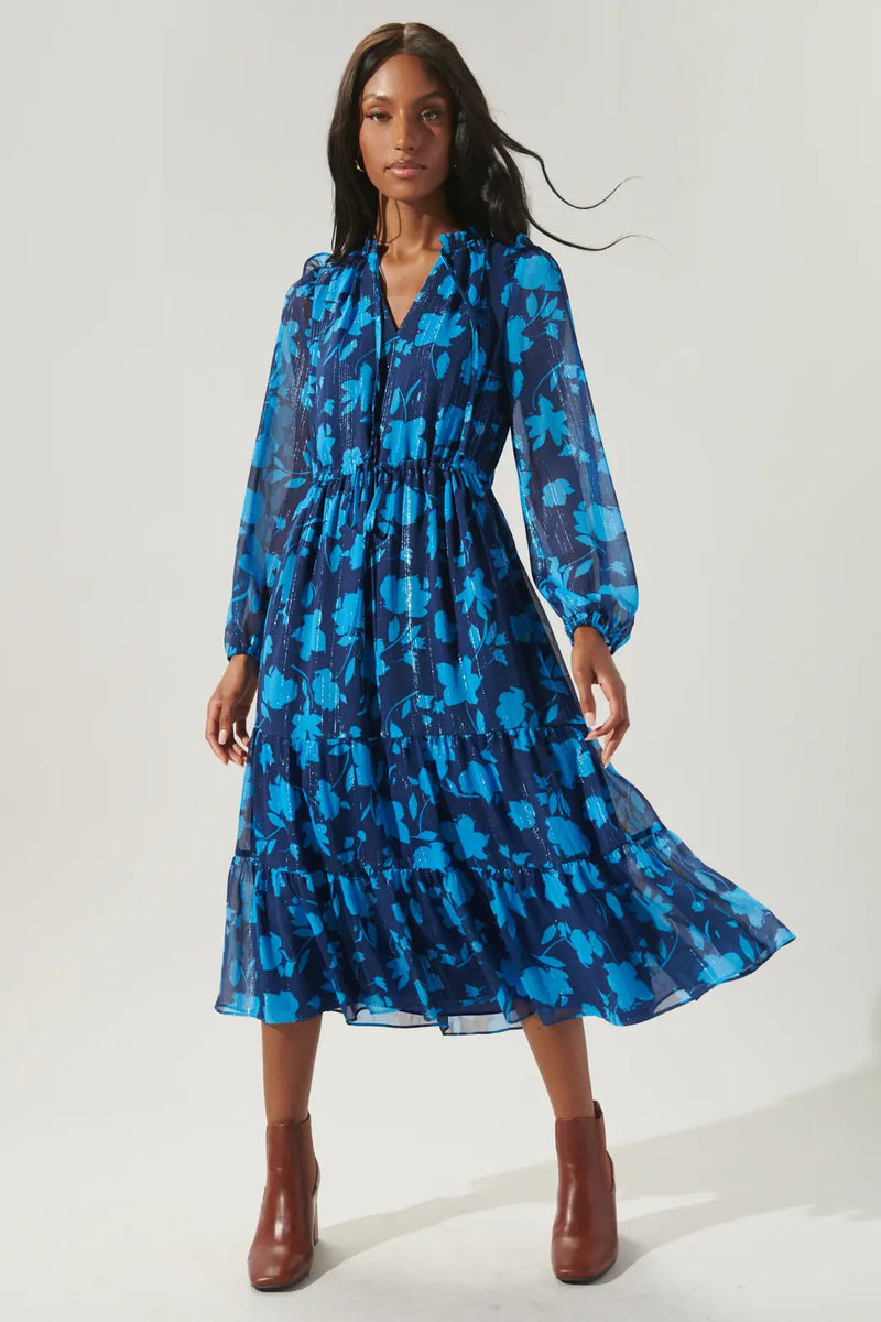 Blue Sweetwater Floral Tiered Midi Dress Sugarlips