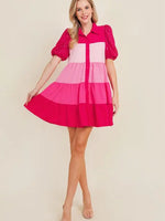 FUCHSIA COLOR BLOCKED SHIRT DRESS WITH SEQUINED PUFF SLEEVES-TCEC-Sissy Boutique