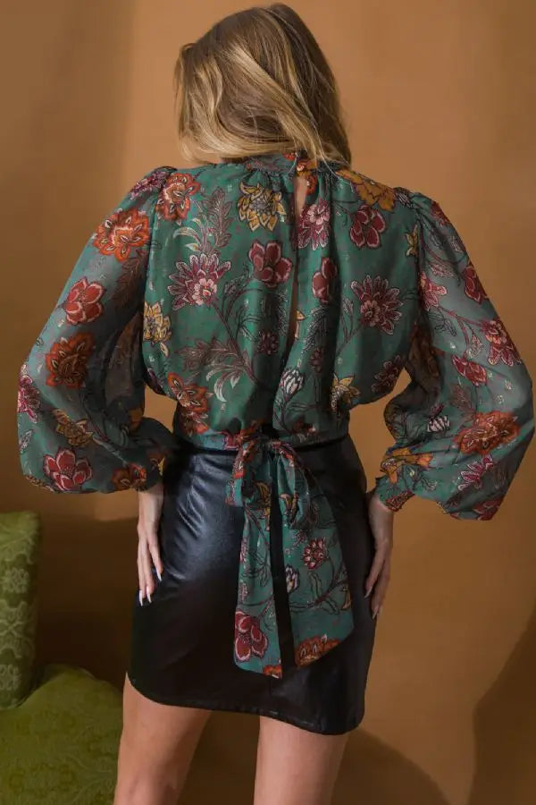Teal Floral High Neck Top with Tie Back Flying Tomato