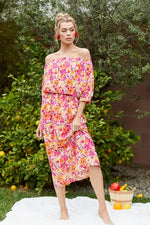 HOT PINK AND ORANGE FLORAL OFF-SHOULDER MAXI DRESS WITH WAIST BAND AND POCKETS-Sissy Boutique-Sissy Boutique
