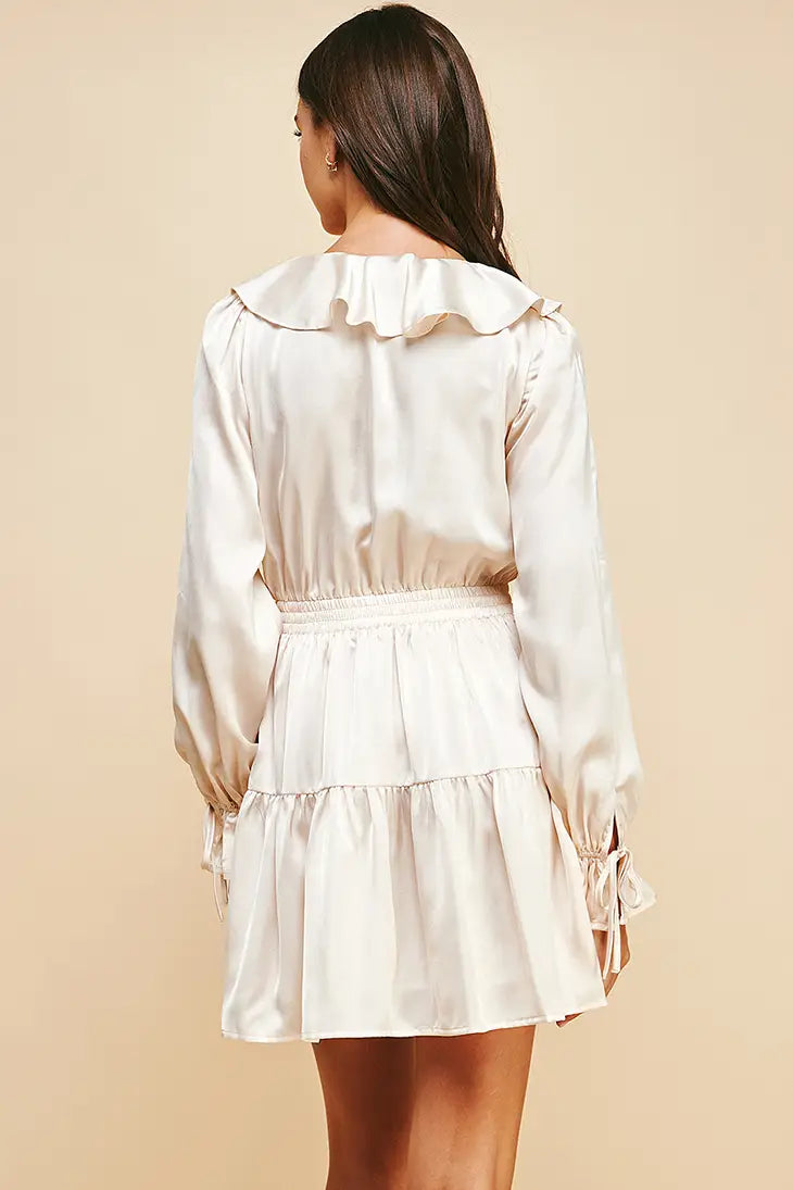 Cream Satin Long Sleeve Mini Dress PINCH