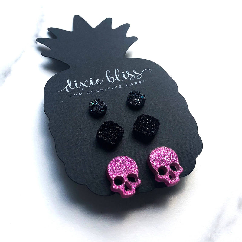 Endora- Dixie Bliss - Pink Skull and Black Druzy Studs Card Dixie Bliss