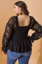 Plus Organza Sleeves and Peplum Smocked Top Sissy Boutique