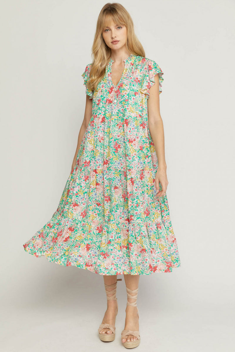 GREEN V NECK FLORAL RUFFLED TIERED DRESS WITH BUTTON BUST DETAIL-Entro-Sissy Boutique