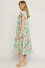 Green V Neck Floral Ruffled Tiered Dress with Button Bust Detail Entro