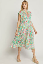 Green V Neck Floral Ruffled Tiered Dress with Button Bust Detail Entro
