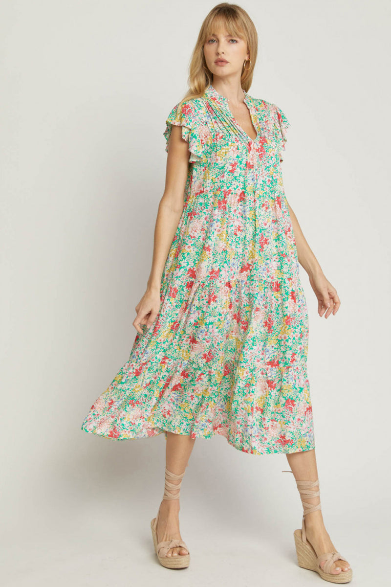 GREEN V NECK FLORAL RUFFLED TIERED DRESS WITH BUTTON BUST DETAIL-Entro-Sissy Boutique