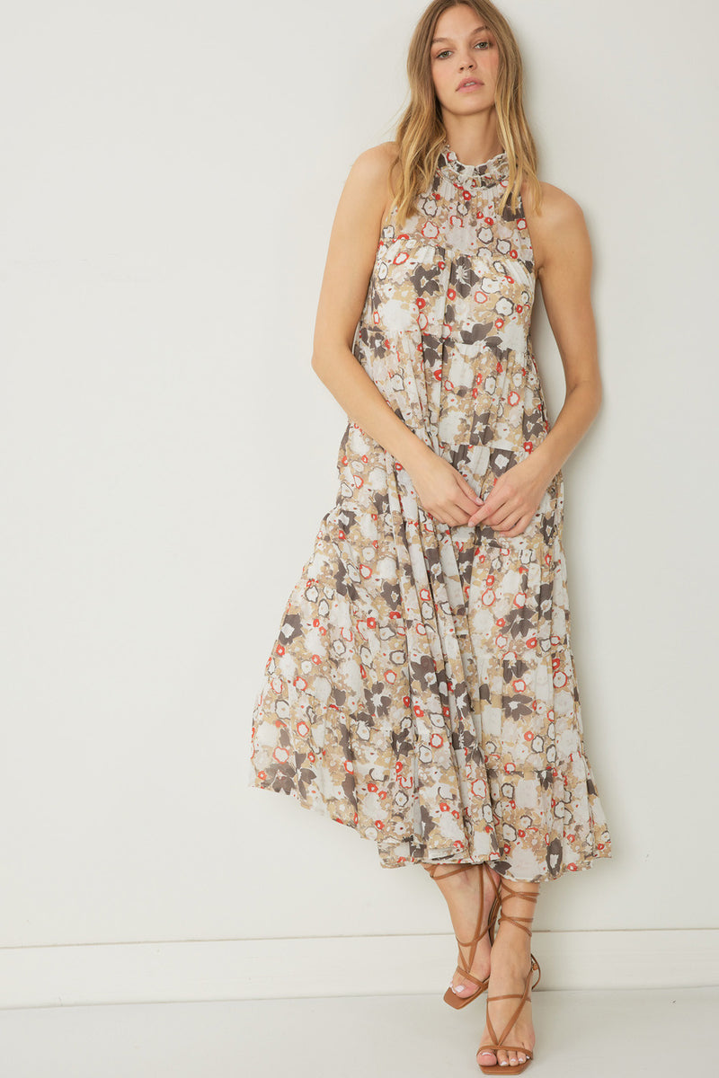 TAUPE FLORAL MIDI DRESS-Entro-Sissy Boutique