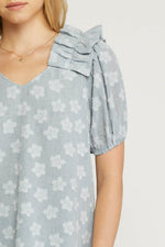 Seafoam Floral Textured and Ruffled V-Neck Top with Puff Sleeves Sissy Boutique