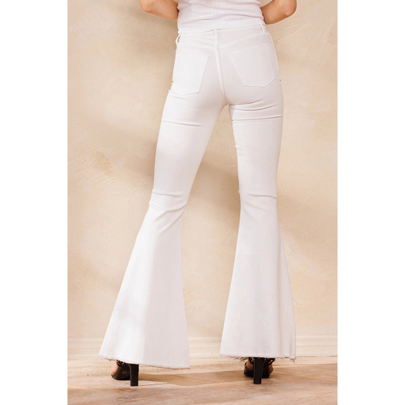 WHITE HIGH RISE DISTRESSED WHITE FLARE JEANS WITH RAW HEM-Sneak Peek-Sissy Boutique
