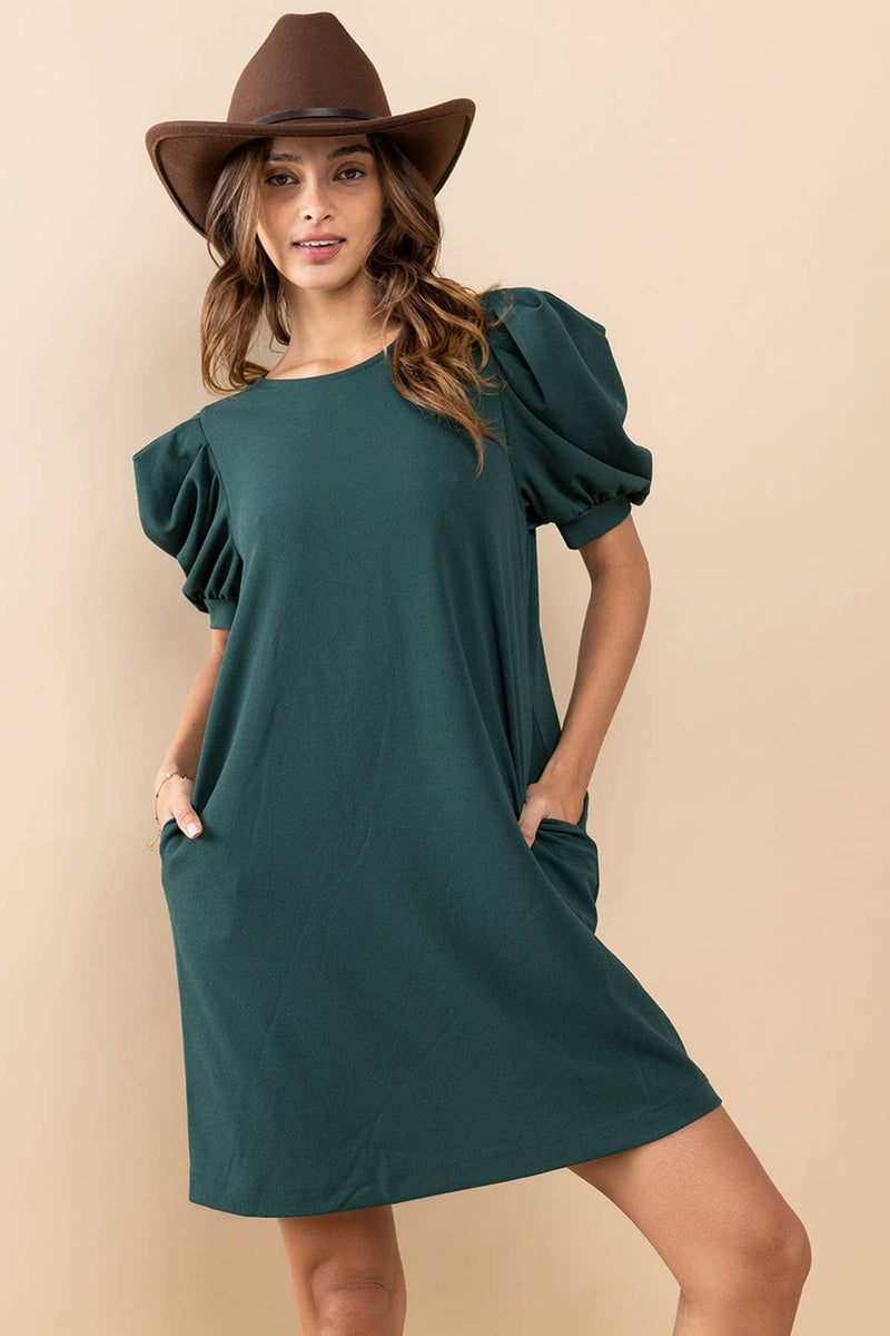 Green Balloon Short Sleeve Mini Dress with Pockets Ces Femme