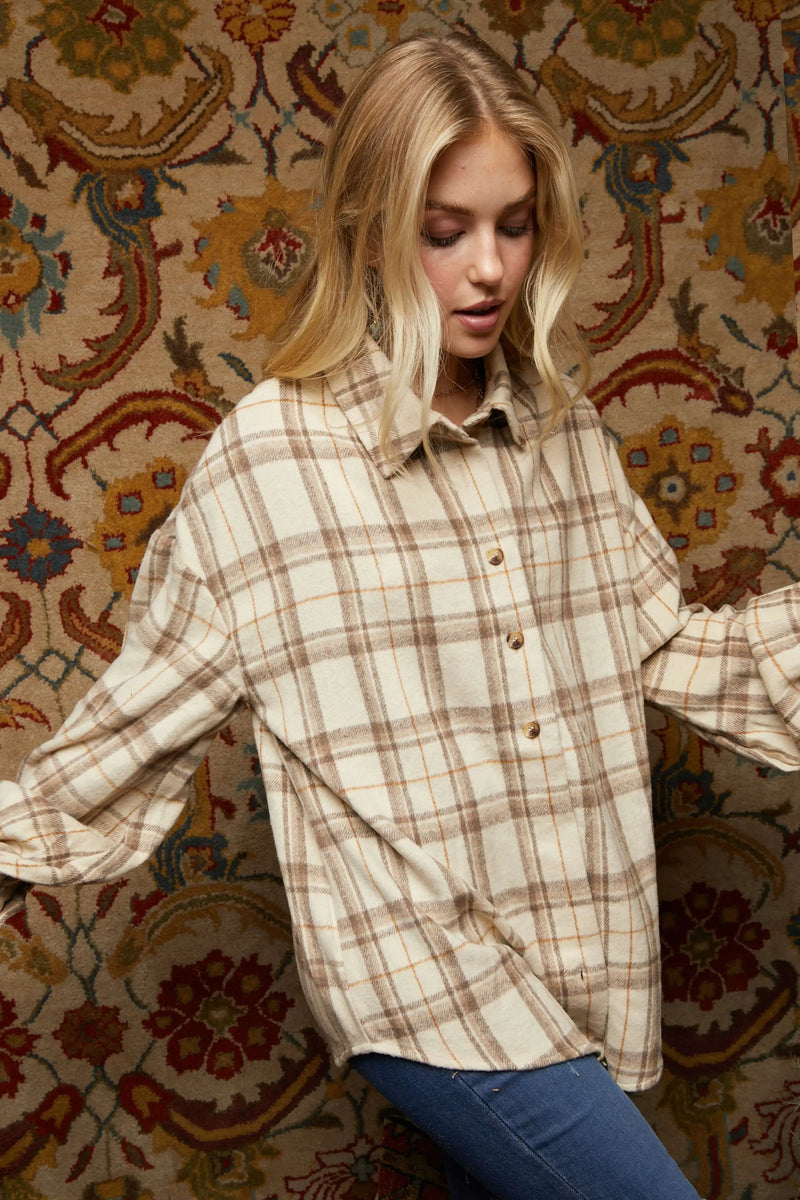 Brown and Cream Plaid Flannel Balloon Sleeve  Flannel Top Charmant Ciel