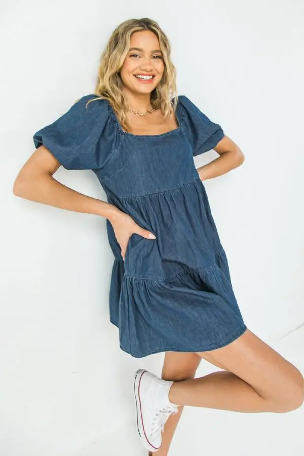 Denim Mini Dress with Square Neckline and Bubble Short Sleeves Sissy Boutique