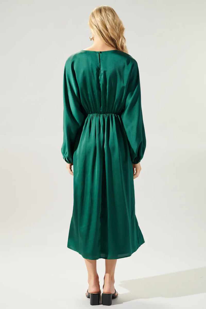 Emerald Green Satin Dolman Long Sleeve Midi Dress Sugarlips