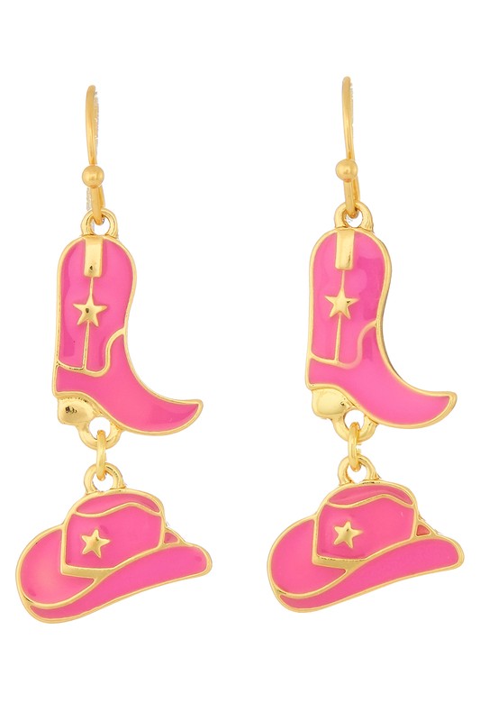 PINK AND GOLD ENAMEL COWBOY BOOT AND HAT DANGLE EARRINGS-Sissy Boutique-Sissy Boutique
