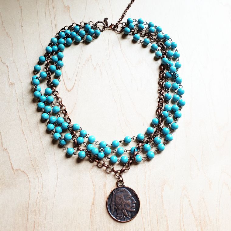 BLUE TURQUOISE COLLAR-LENGTH NECKLACE WITH INDIAN HEAD COIN-Sissy Boutique-Sissy Boutique