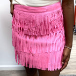 Barbie Pink Side Zipper Tier Fringe Suede Mini Skirt Sissy Boutique