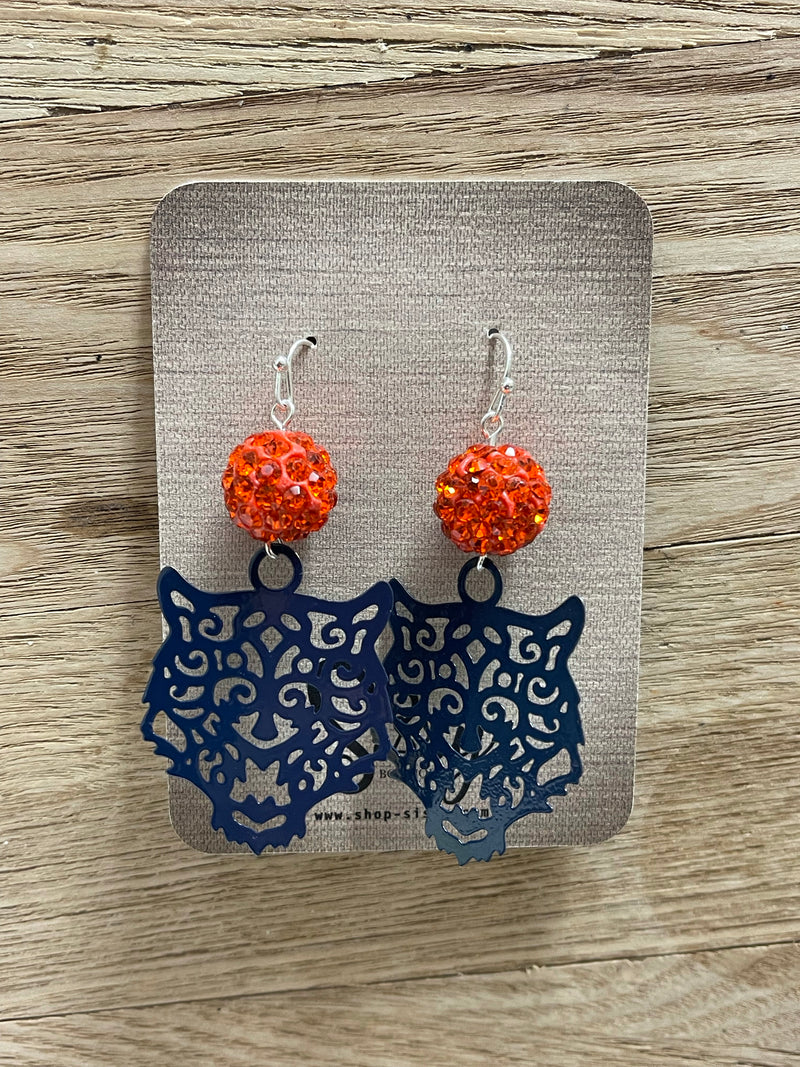 NAVY AUBURN TIGER FILIGREE EARRINGS WITH ORANGE SHAMBALLA BALL-Sissy Boutique-Sissy Boutique