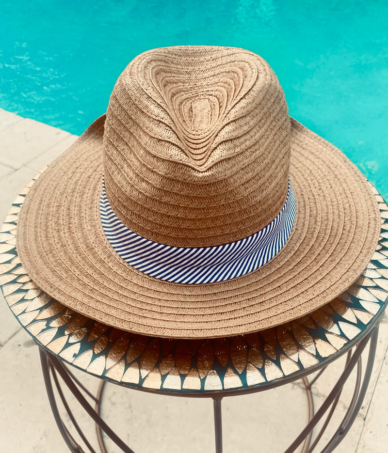 Tan Ladies Adjustable Pinned Up Straw Sun Hat Black and White Seersucker Sash Sissy Boutique